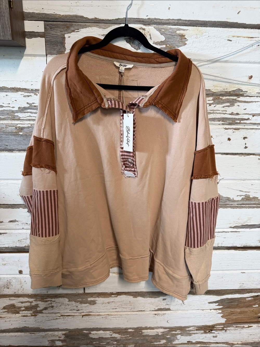 Blue Velvet Patchwork Relaxed-Collar Scoop Sweater in Blush & Brown 2
